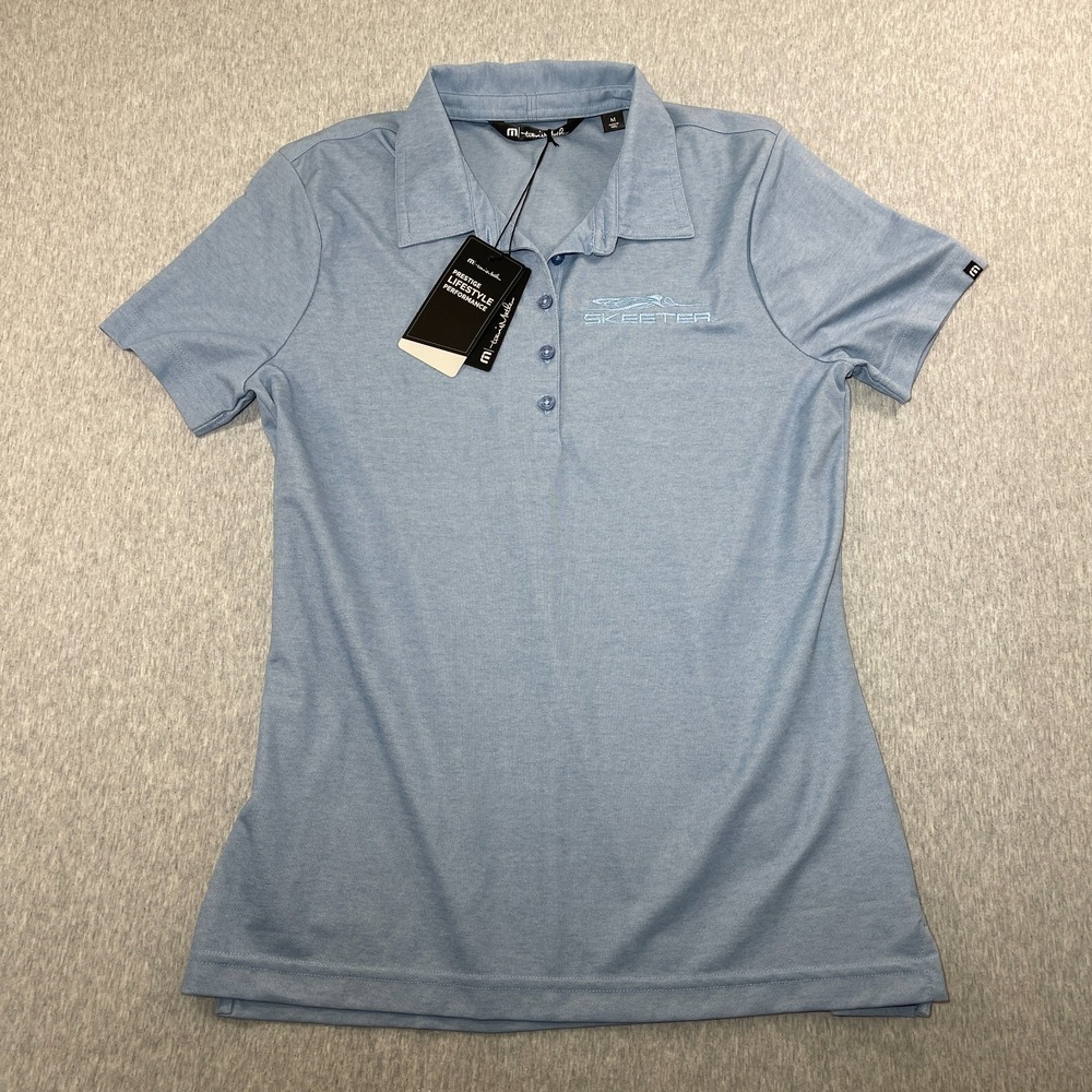 NWT Travis Mathew Skeeter Boats Polo Shirt Womens M Medium Heather Blue Fishing